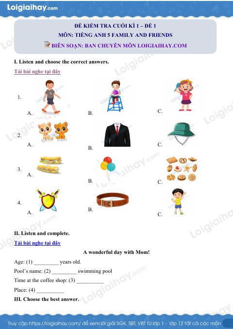 Đề thi học kì 1 Tiếng Anh 5 Family and Friends - Đề số 1